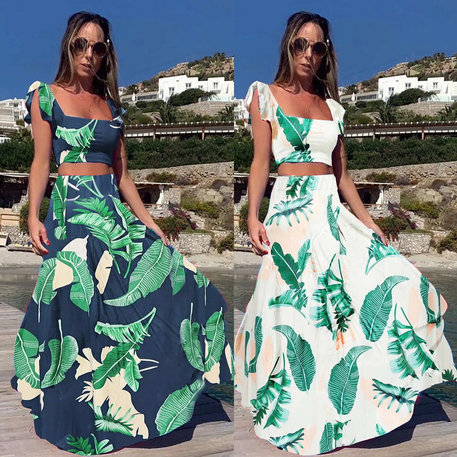 

Sexy Spaghetti Straps Elegant Square Collar Corset Top Two Pieces Set Casual Dresses Printed Summer Vacation Beach Style Vestido