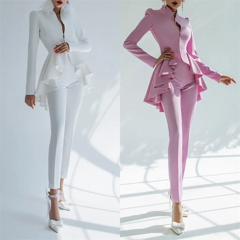 

Women Suits Pant Set Blazer+High Waist Trousers Designer Wedding Tuxedo Prom Dress Ruffles Tiered Formal Party Gown Custom Made