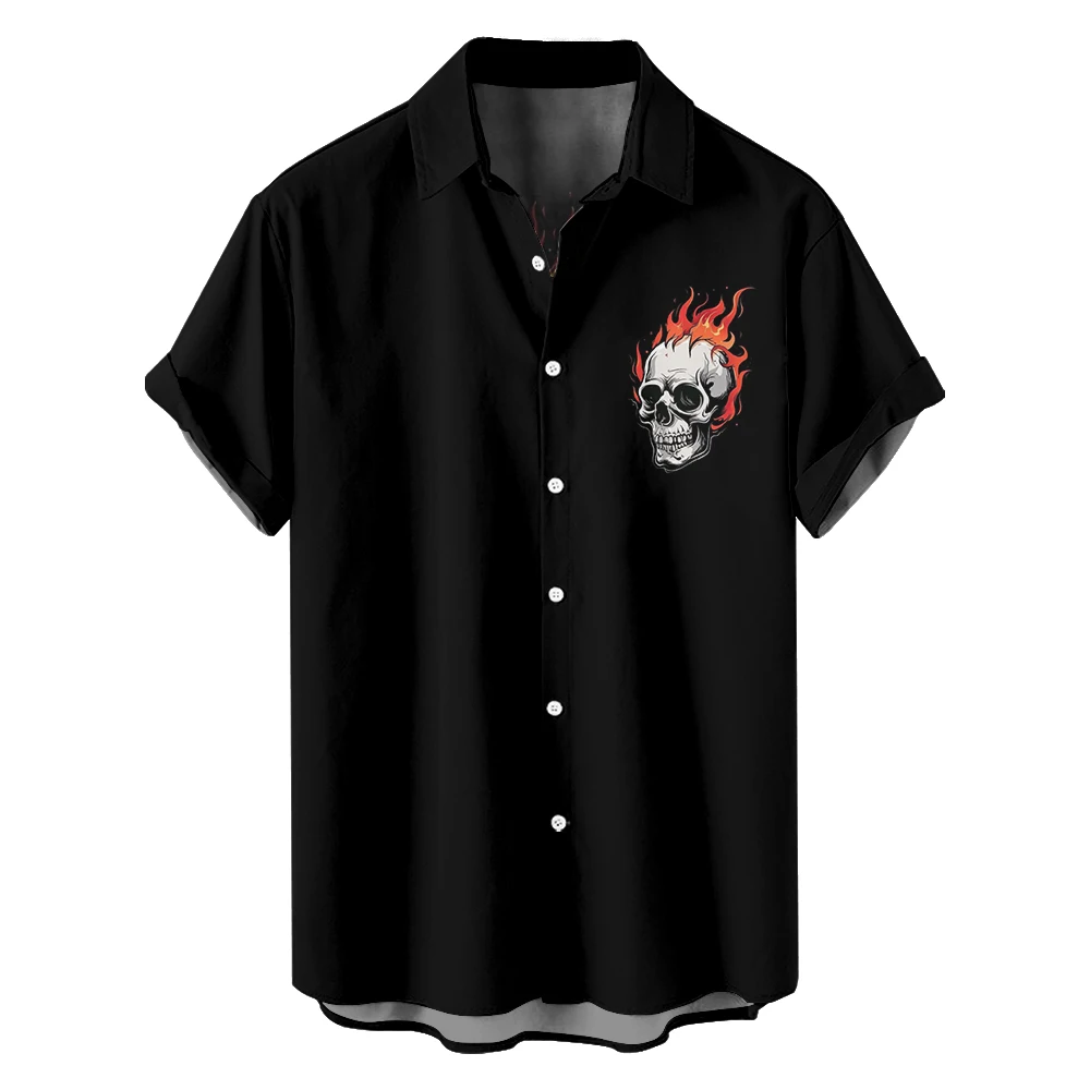 Casual short sleeved shirt Skull Head flame print men summer
