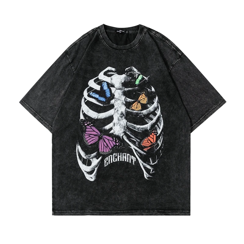 

2024 Street Men T-shirt Butterfly Skeleton Print Tee Heavy Fabric Retro Wash Short Sleeve Harajuku Summer Oversize Casual TShirt