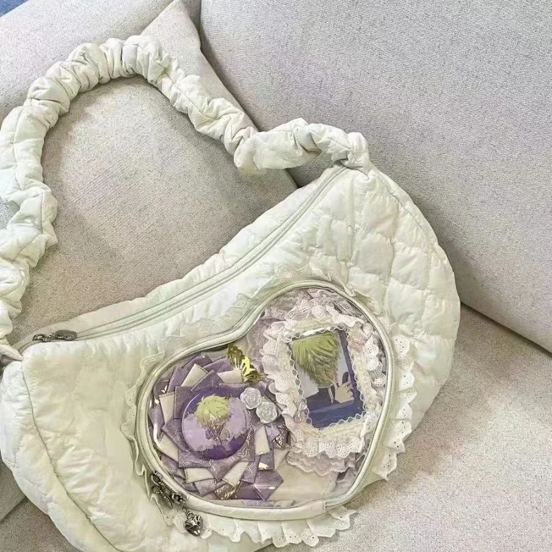 Pink Cute Womens Shoulder Bag Pleated Love Heart Lolita Jk Ita Bag Drawstring Ballet Style Sweet Fashion Female Handbag