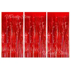 Silver Foil Fringe Curtains - Set of 3, Metallic Rose Gold Tinsel Streamers for Celebrations and Events Backdrop Decor (Red)
