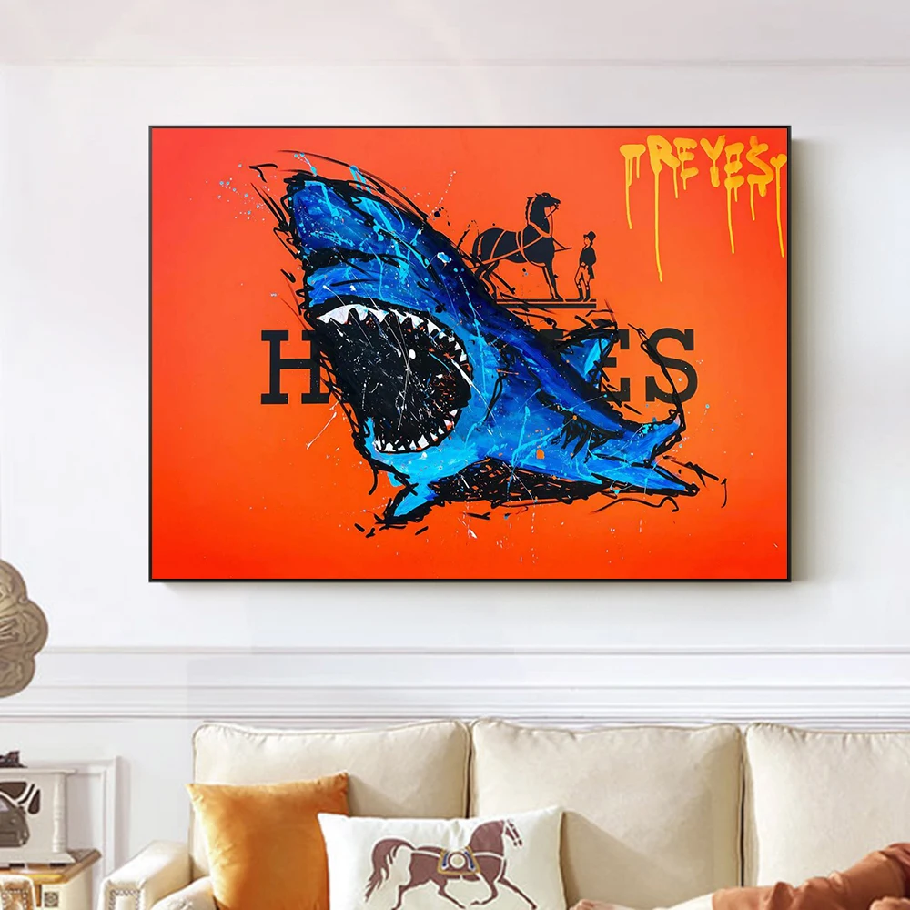 Moda Blue Shark Pittura A Olio Su Tela Di Lusso Arancione Sfondo Poster Stampa Wall Street Art Graffiti Immagini Per La Decorazione Della Stanza