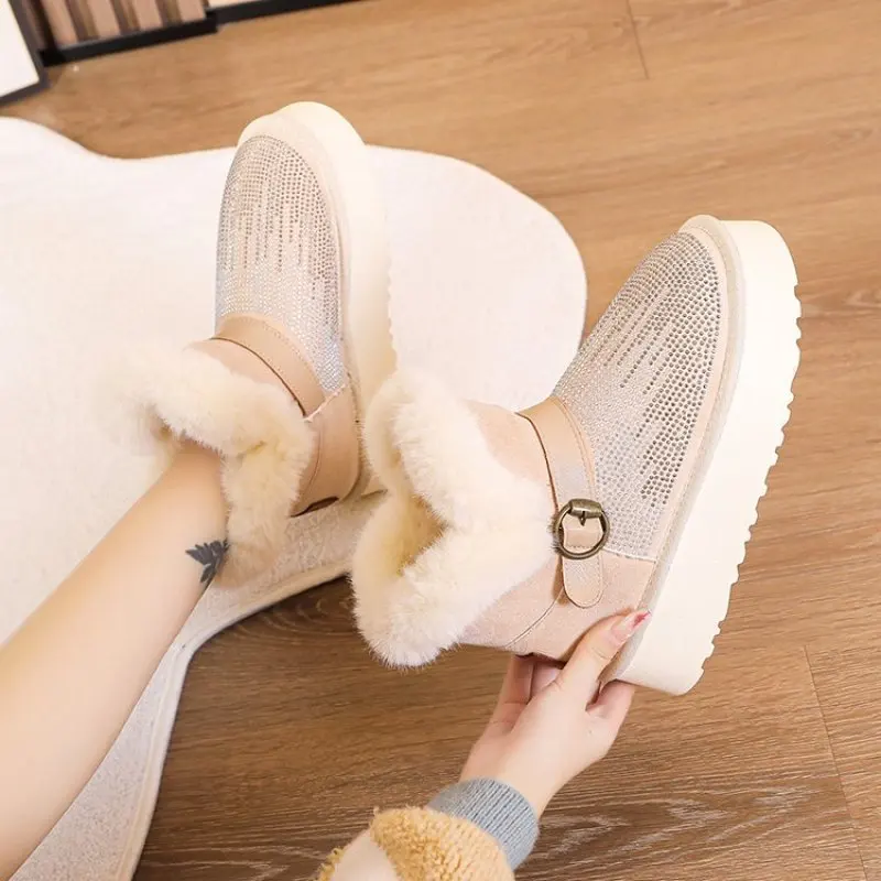 Diamond Women Snow Boots Winter Warm Ankle Boots Furry Suede Upper Non-slip Thicken Cotton Shoes Outdoor English Style Fashion