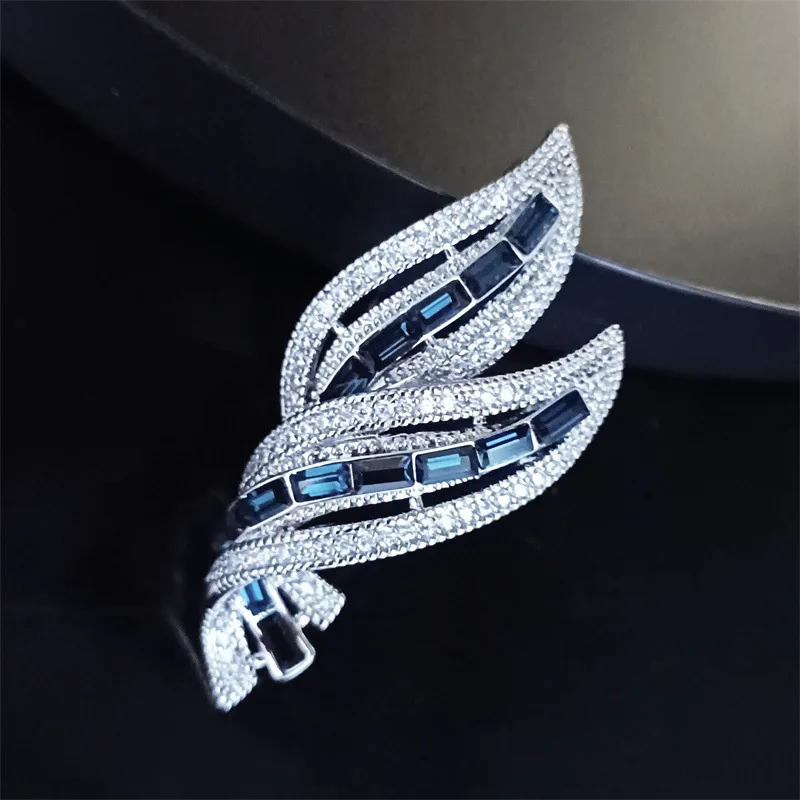 Fashionable Blue Square Zircon Orchid Leaf Brooch for Women's High-end Exquisite Plant Leaf Corsage Suit Decoration Pins