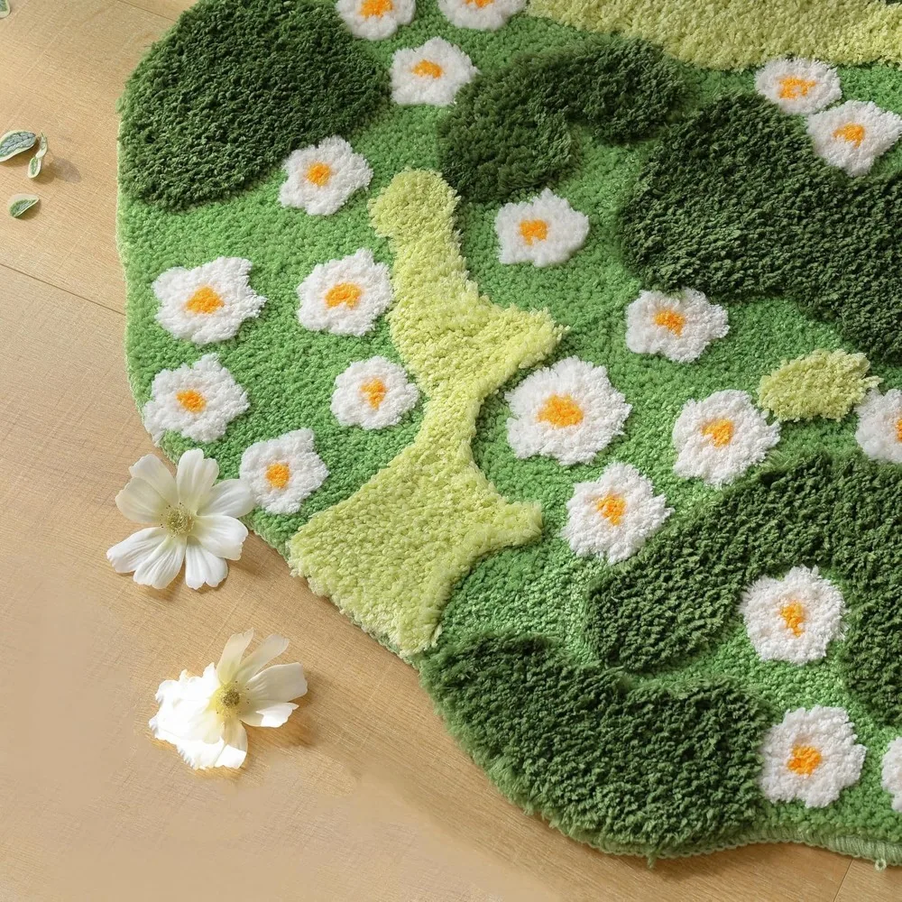 Moss Bath Mat Green Bathroom Rug with Small White Flowers Non Slip Door Mat for Bedroom and Kitchen Soft Washable Rug Floral Na