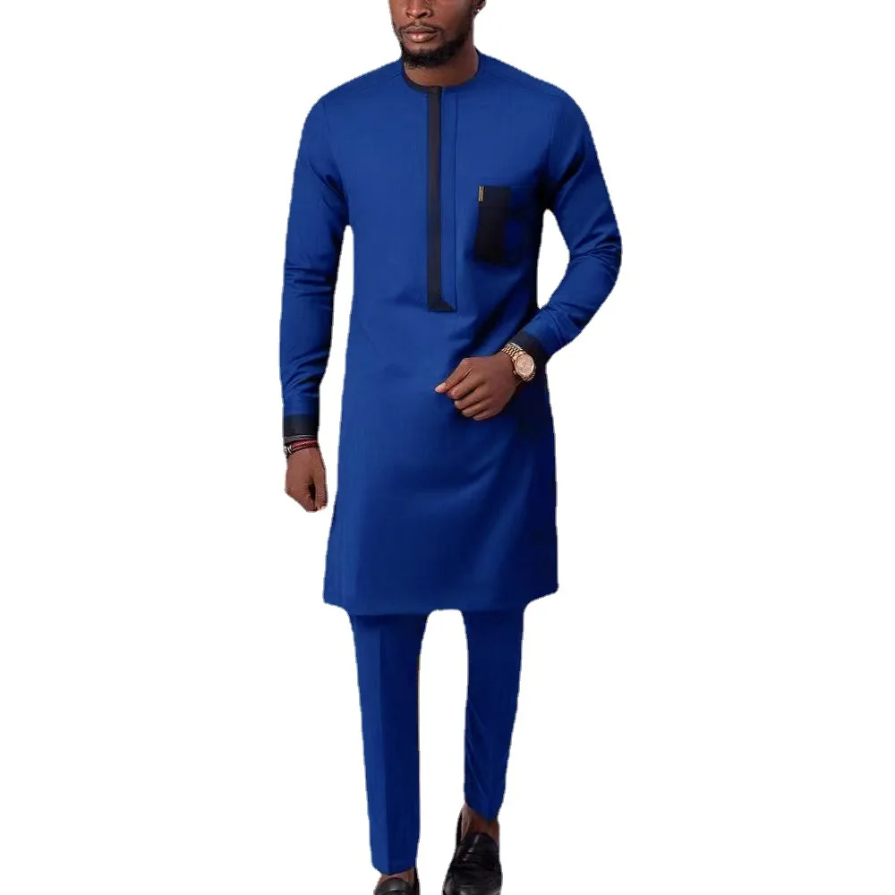 New Muslim Dress Robe and Pants African Ethnic Style Solid Color Set Simple Casual Men's Set Traditional Clothing 2023 New