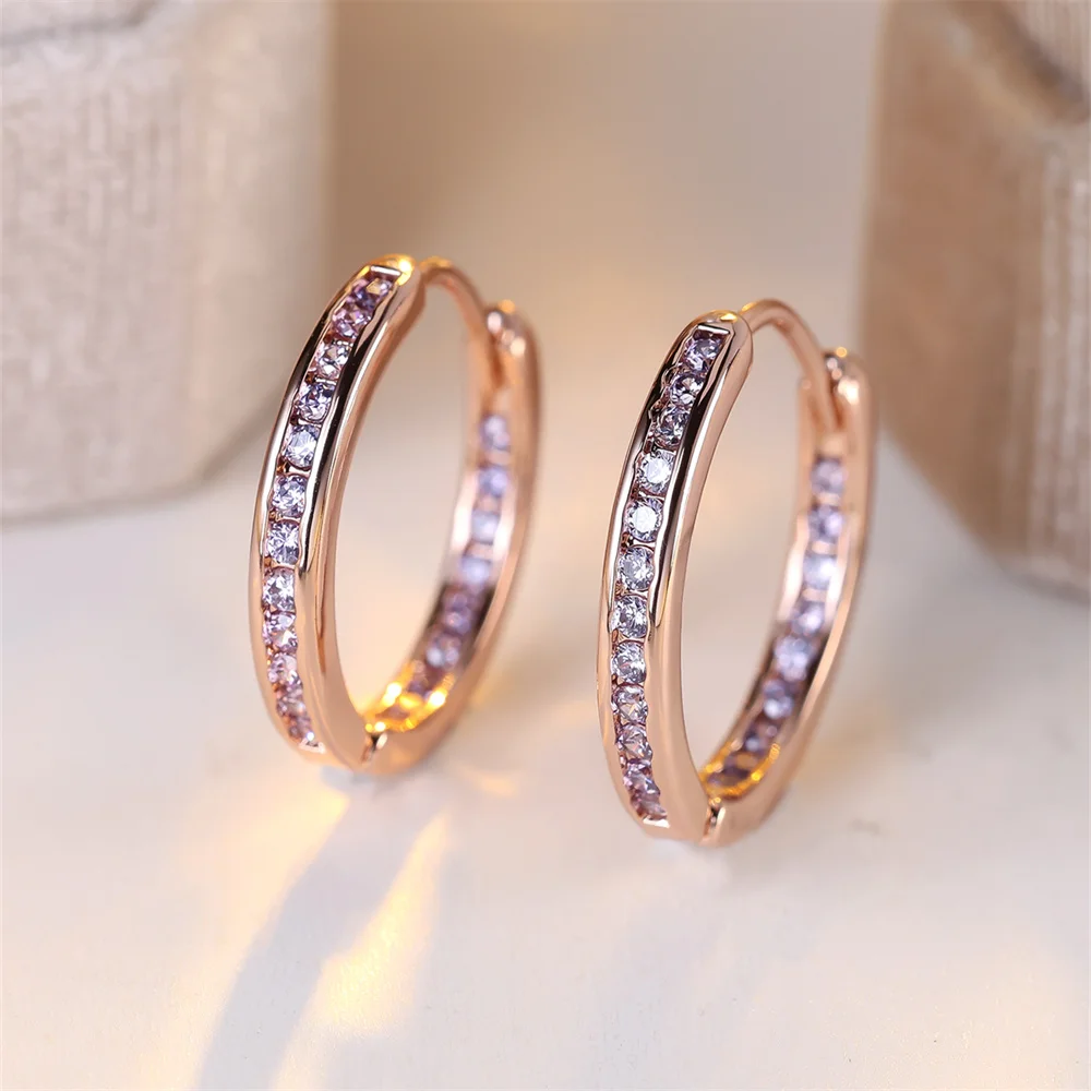 Single Row Small Round Hoop Earring Charm Purple Crystal Stone Earrings For Women Vintage Rose Gold Silver Color Wedding Jewelry