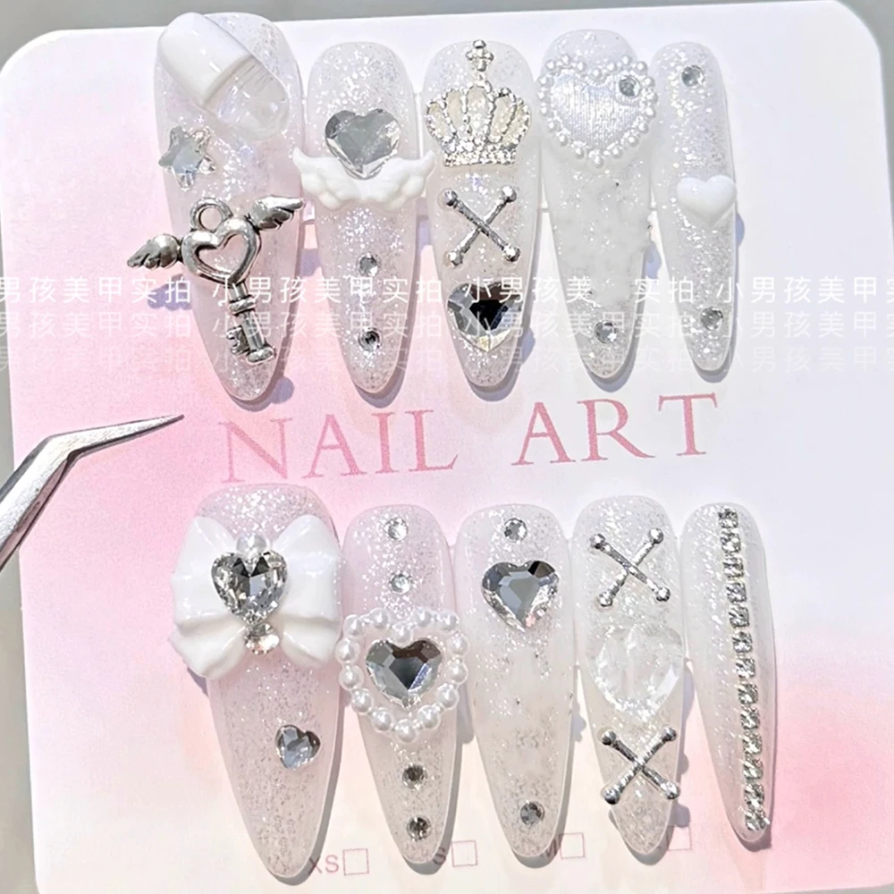 10개입 고급 수제 롱 스틸레토 풀커버 네일 3D 스파이스 걸 스파클링 다이아몬드 보우 진주 꽃 웨어러블 가짜 네일 - AliExpress