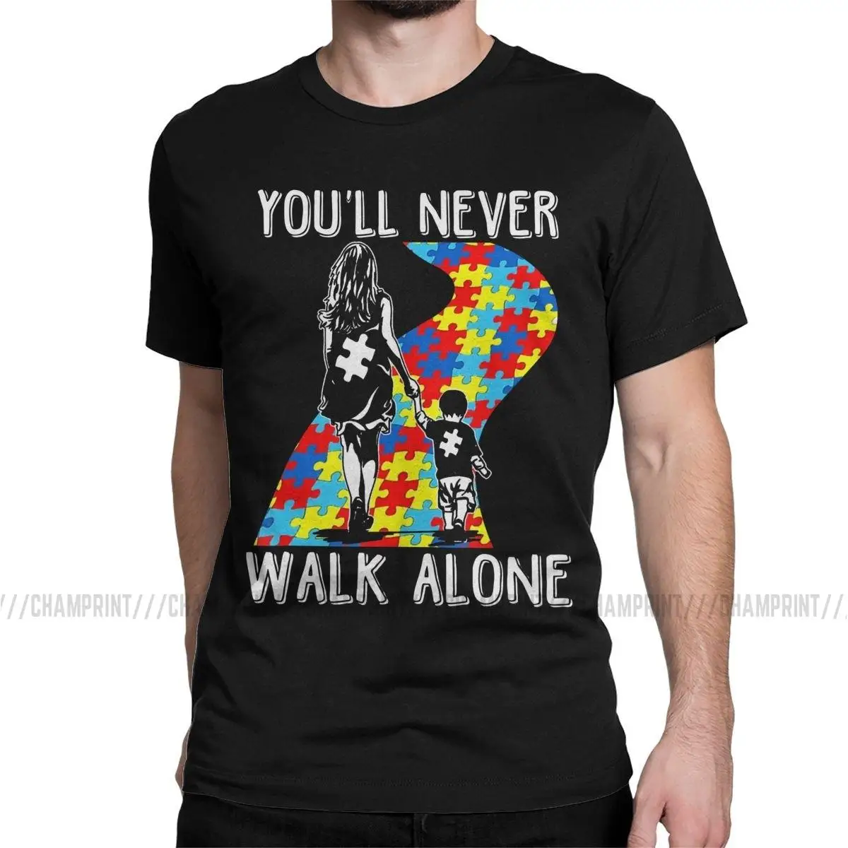 

Mom Son You'll Never Walk Alone Autism Awareness T-Shirts Men T Shirts Autismo Autistic Short Sleeve Tees Summer Clothing