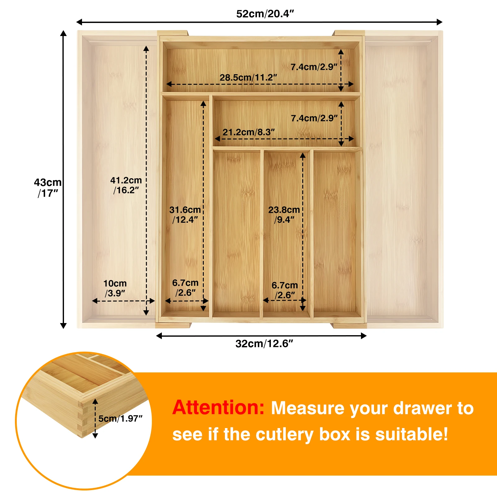 Wooden Bamboo Cutlery Tray, Kitchen Drawer Insert Large 6-8 Compartments, Utensil Holder Rack Organizer, for Home Office: 3 - 5 Days Free Delivery Only UK