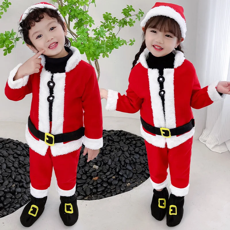 

Рождественская одежда для косплея Санта Клауса для мальчиков и девочек, красная Вельветовая Новогодняя одежда, шапка, топы, брюки, носки, наряд, костюм, искусственное платье