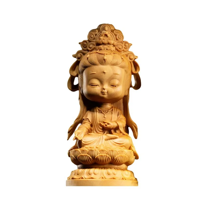 Woodcarving Cartoon Guanyin Statue, Hand Carving, Solid Wood, Buddhist Feng Shui, Home, Room, Office Decoration, 24514