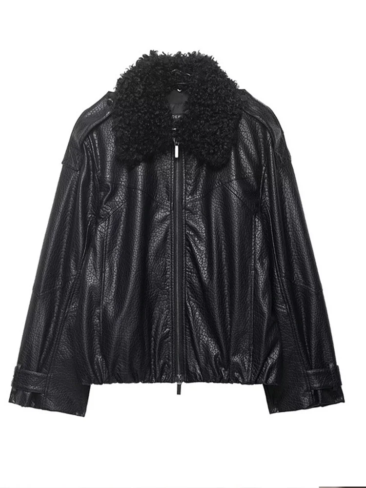 Kunstpelzkragen-Lederjacke für Damen, Street-Style mit Revers, Langarm, Locker Sitzende Mäntel für Frühling und Herbst, Schicke Neue Damenoberbekleidung – Detail 3