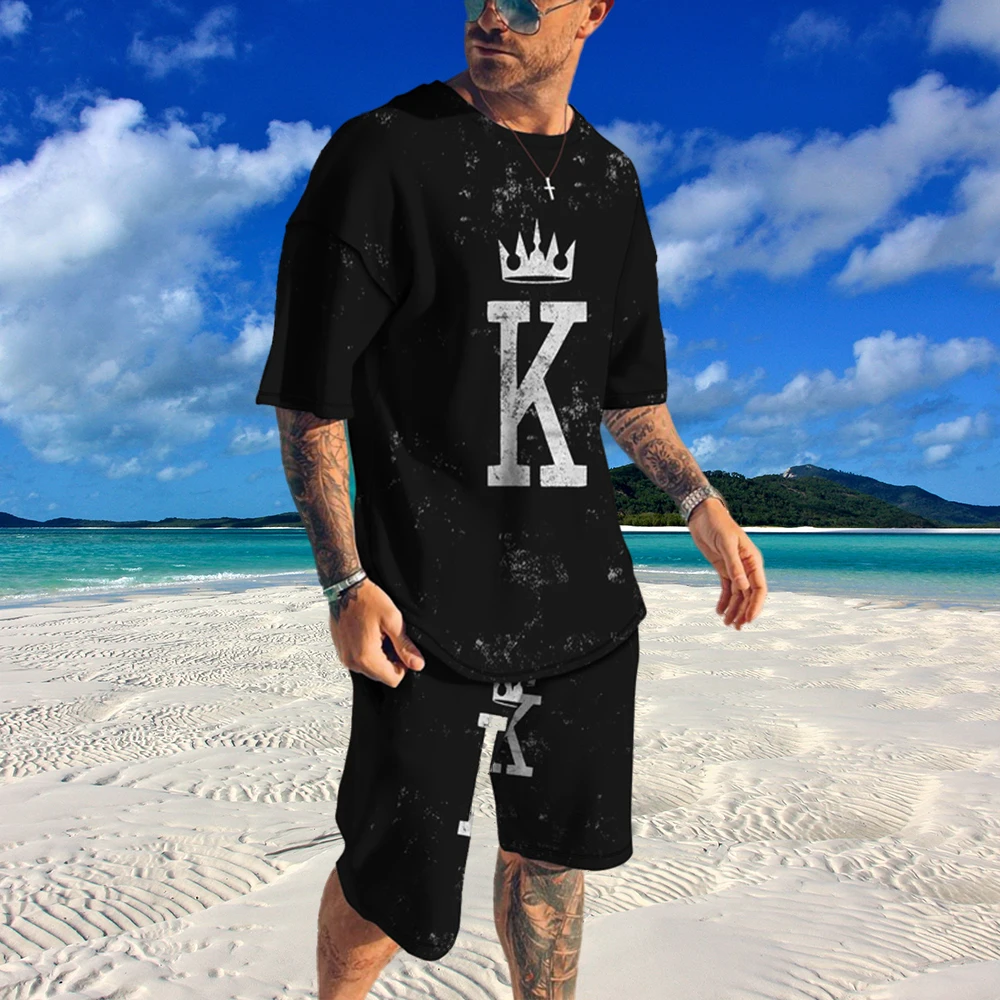

Summer Fashion Streetwear Men T-Shirt Set 3D Print Letter K Tracksuit Man Oversized Clothes Casual Shorts Sportswear Mens Shirts