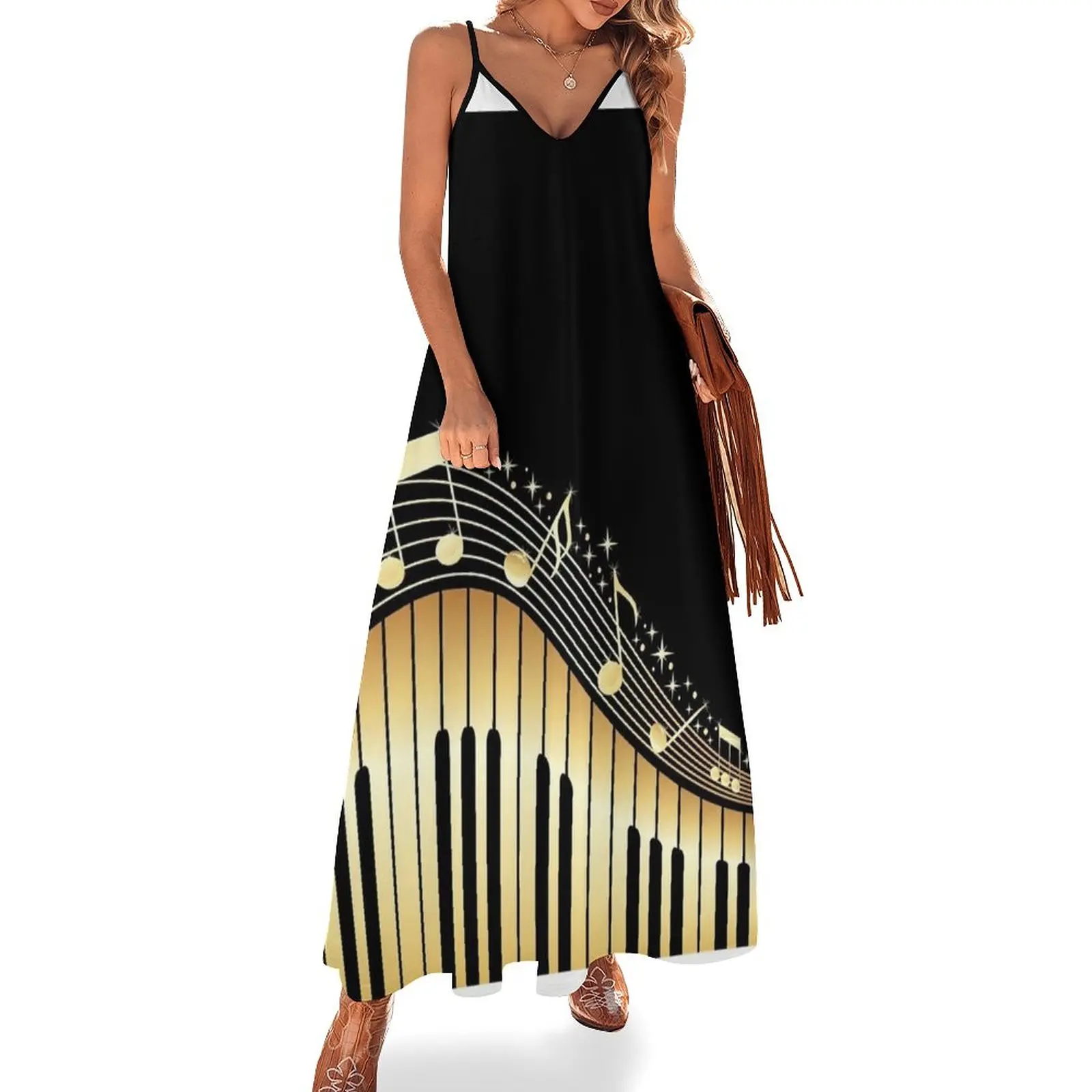 

Gold Piano Keyboard Sleeveless Dress Clothing summer dress woman 2023