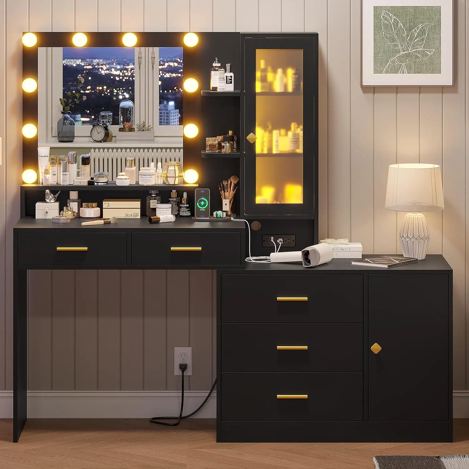 

Vanity Desk with Mirror and Lights, Makeup Vanity with Lights & Charging Station, White Table with Ambient Light