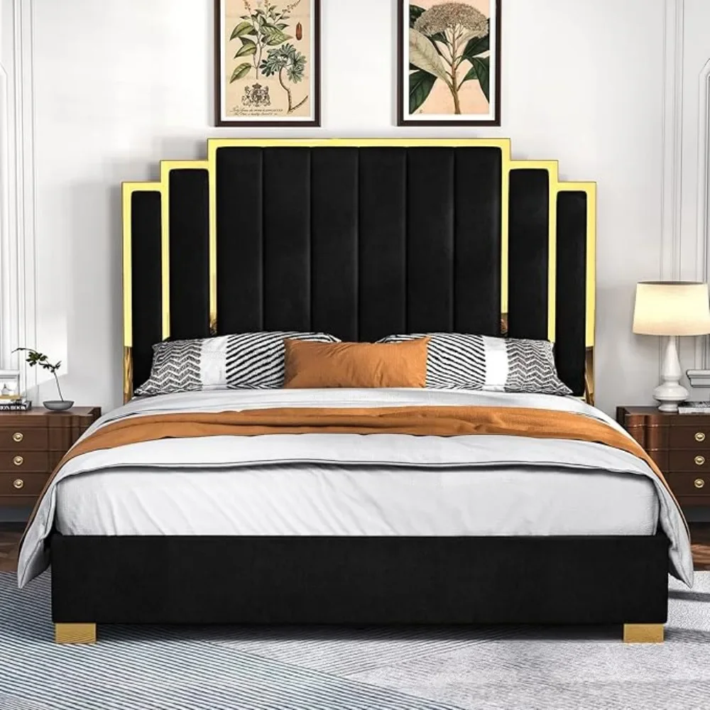 King Size Platform Bed Frame, 65" Velvet Upholstered Bed with Gold Trim Headboard/Wooden Slats/No Box Spring Needed/Black 5