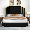 King Size Platform Bed Frame, 65" Velvet Upholstered Bed with Gold Trim Headboard/Wooden Slats/No Box Spring Needed/Black 5