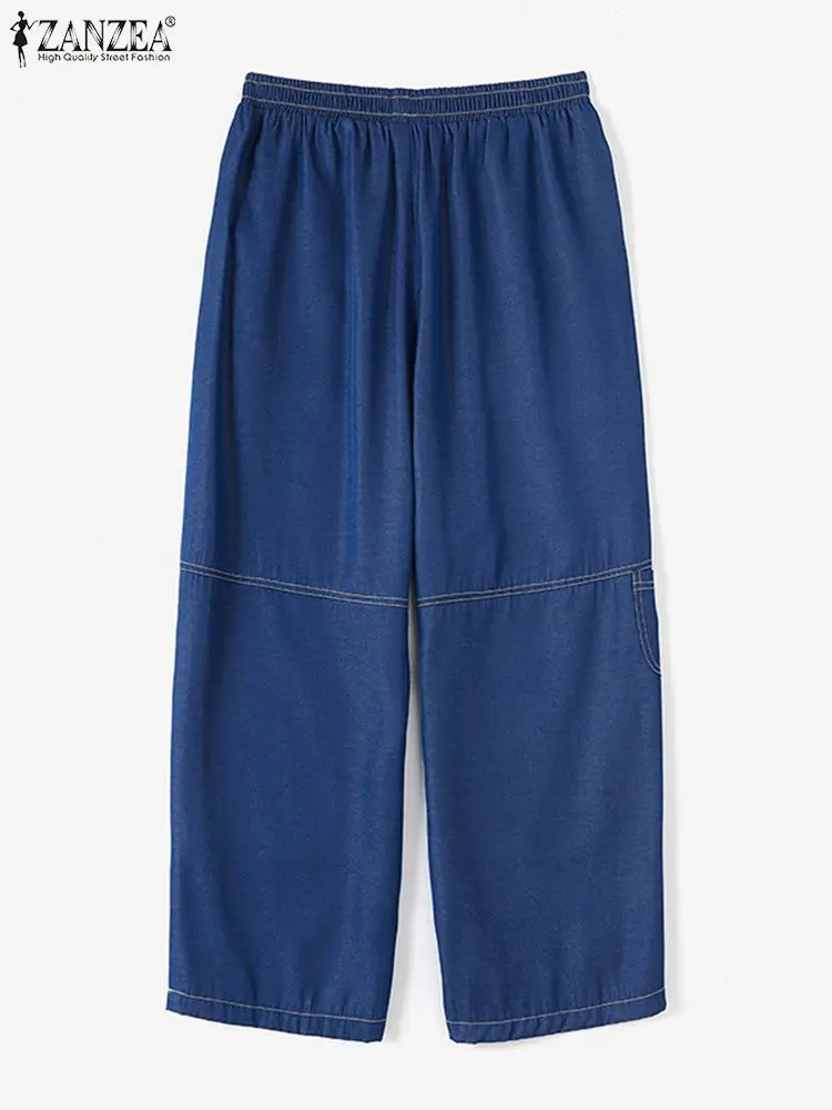 Women Denim Long Pants ZANZEA Elegant Elastic Waist Pantalones Casual Loose Harem Trousers 2023 Autumn Solid Pockets Bottoms