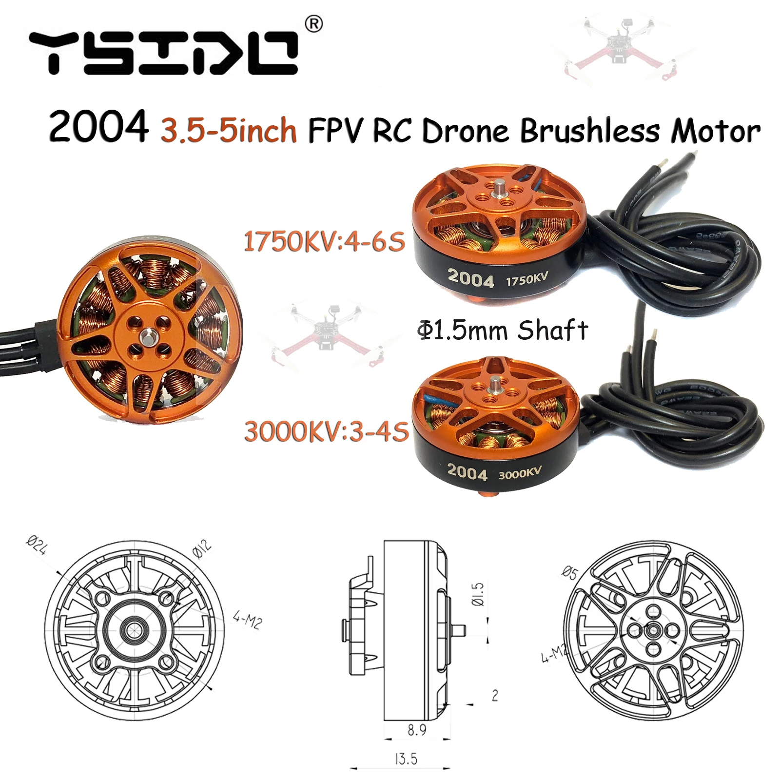 Juego de 4 Motores Brushless 2004 1750KV/3000KV para Dron FPV 3-6S