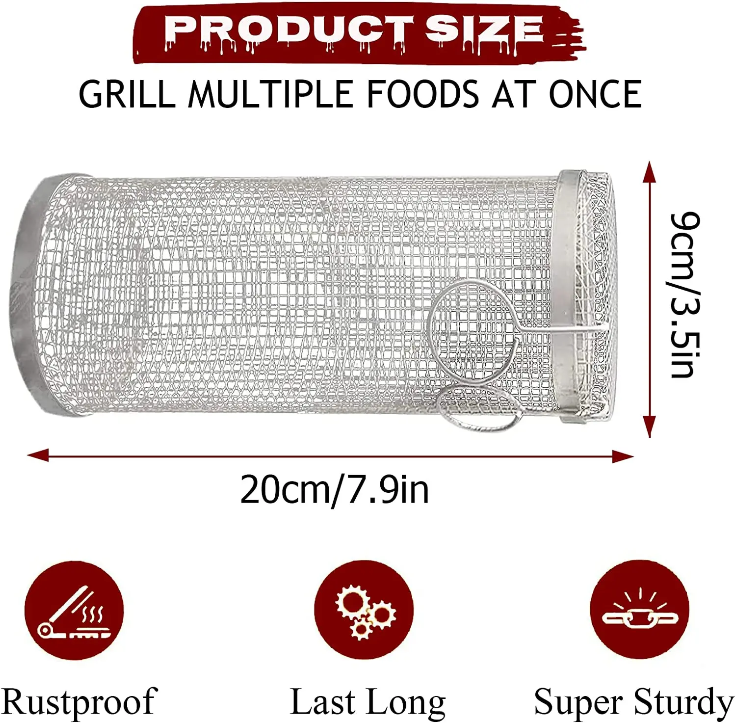Rolling Grilling BBQ Basket Stainless Steel Wire Mesh Cylinder Grill Basket Portable Outdoor Camping Barbecue Rack Tools