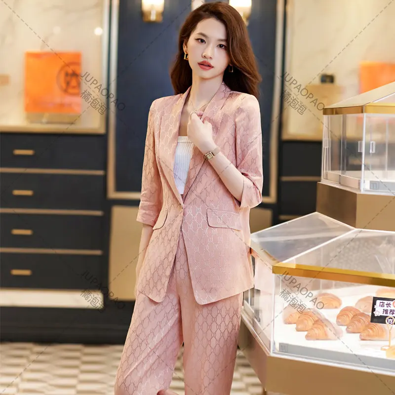 High Quality Printed Women's  Jacket  Casual Suits Fashion  2023 Summer Thin Breathable Office Ladies Blazer Pants Set