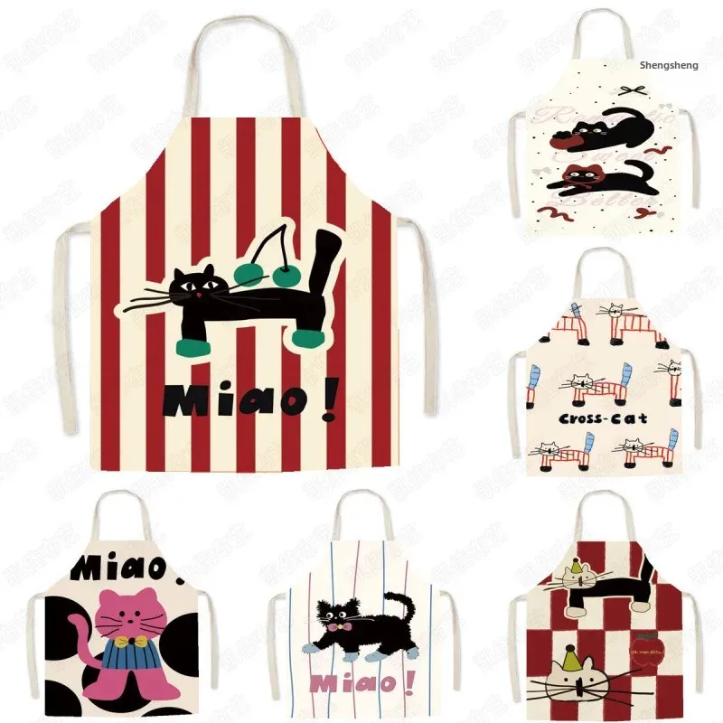 Cute Cat Linen Apron Sleeveless Cooking Workwear Child Parent Matching Kitchen Gown Four Season Style Feed Coverall