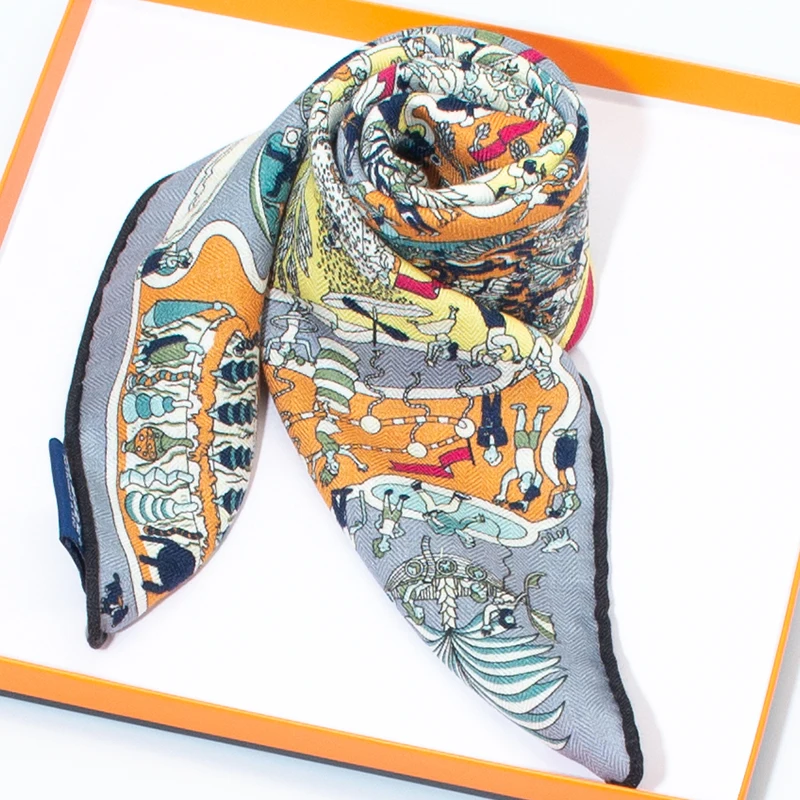 Women's 65cm Square Scarf 30% Silk 70% Wool Blend Whimsical Fantasy Print Soft Warm Breathable Luxury Fashion Accessory - 4