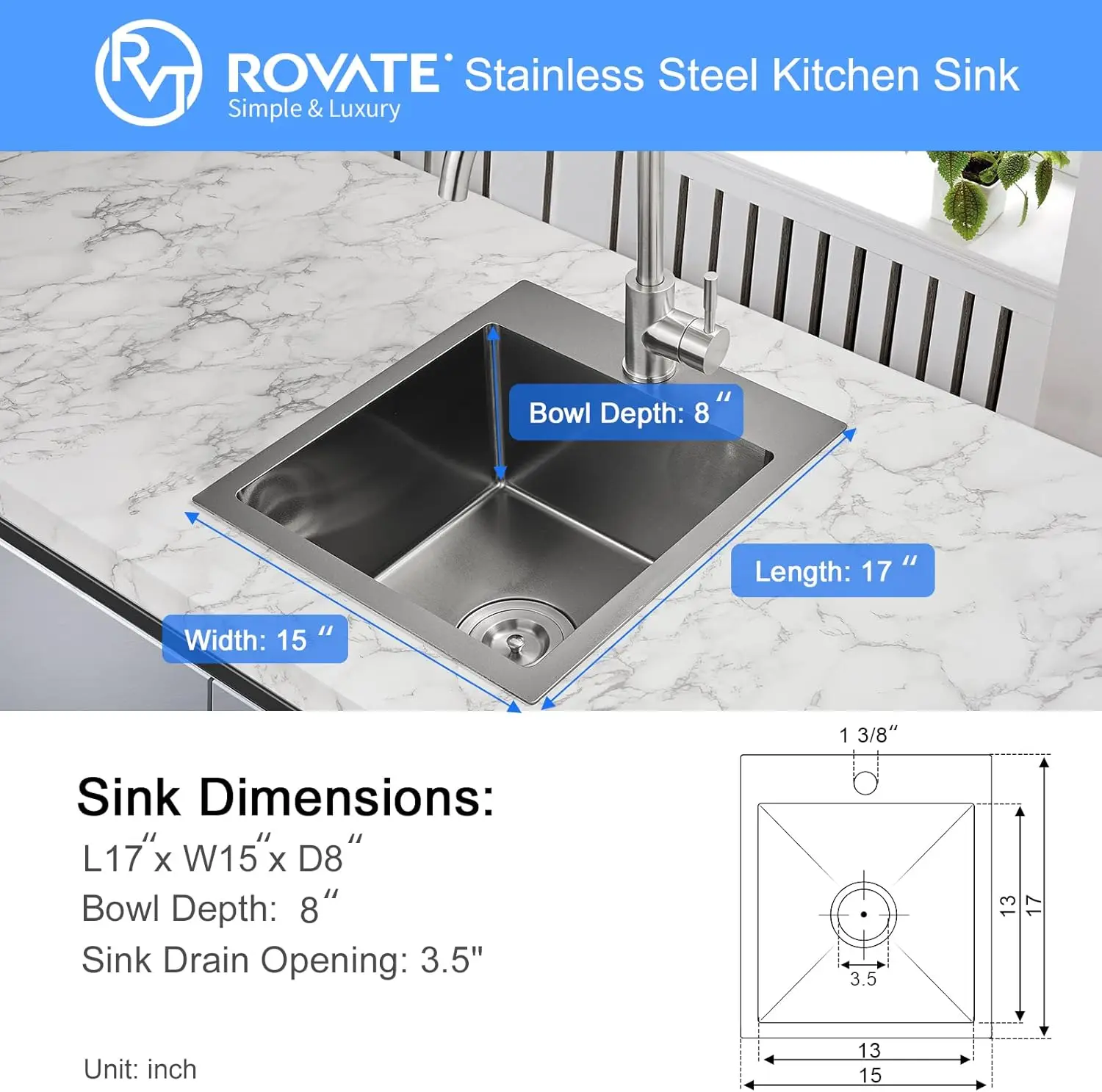 ROVATE 15 x 17 inch Drop in Bar Sink Black Nano Kitchen Sink Overmount Handmade Single Bowl T-304 Stainless Steel Bar Prep