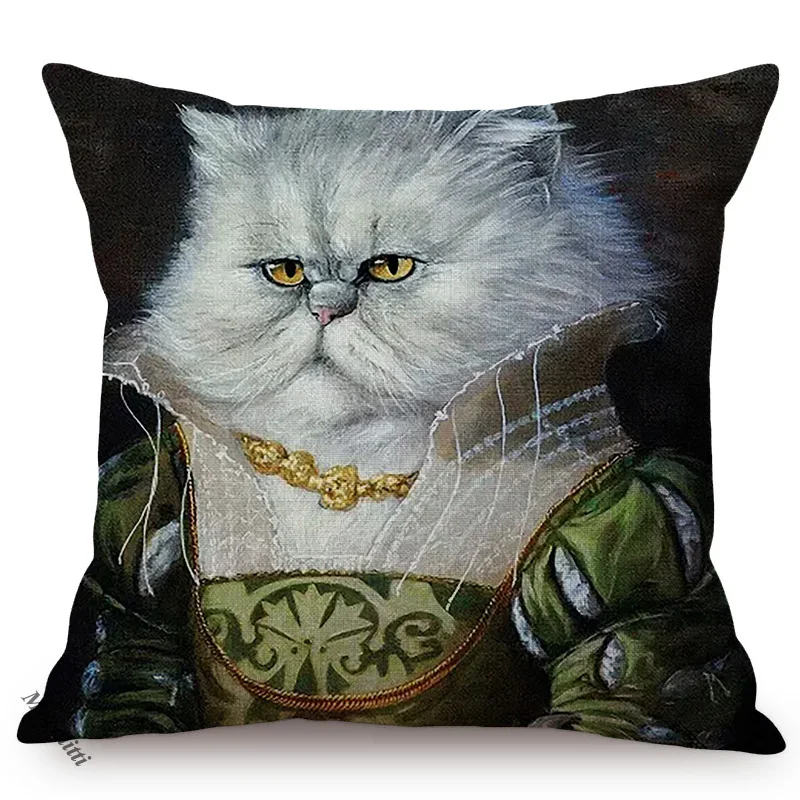 Cat General Portrait Imitate Famous Oil Painting Art Decorative Cushion Cover Nordic Funky Animal Style Sofa Throw Pillow Case 4