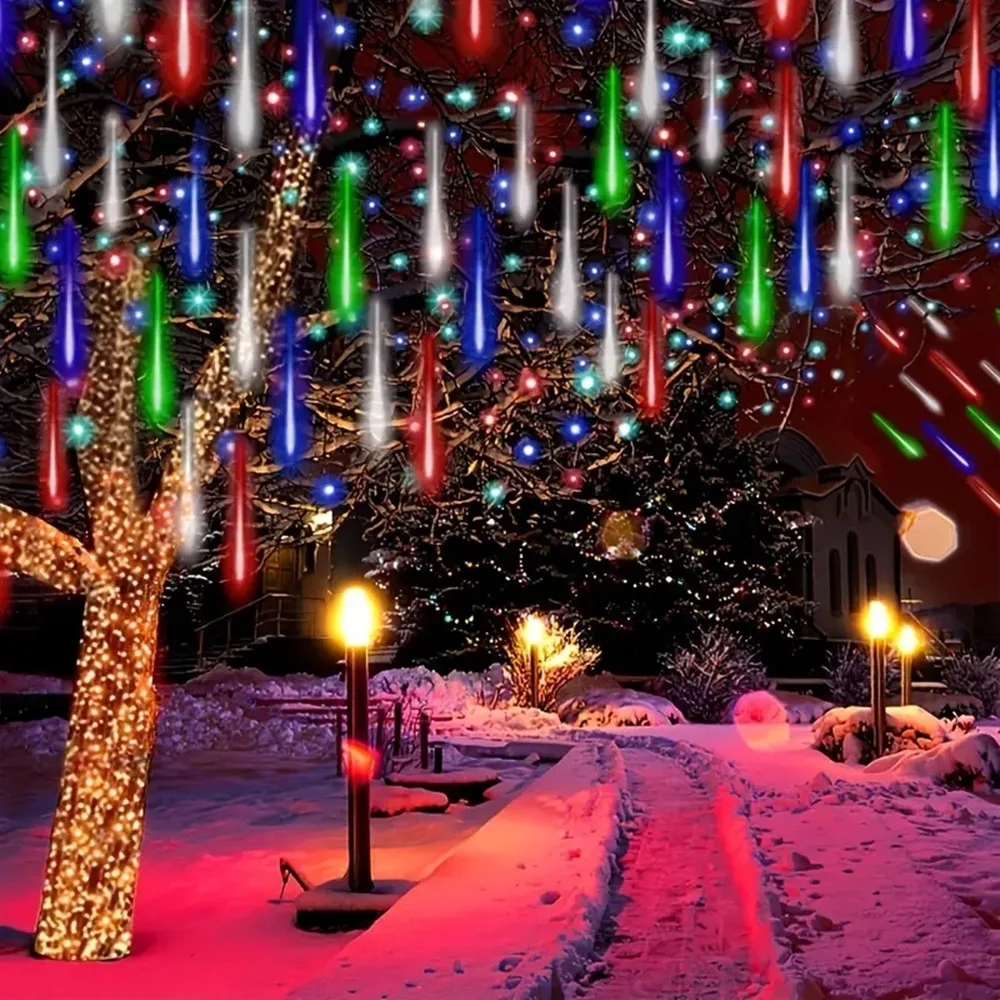 thumbnail image 1 of Guirnalda de luces LED de lluvia de meteoritos con 8 tubos, enchufe de EE. UU. y UE, decoración de calles, guirnalda de hadas, luces navideñas para bodas, iluminación exterior, 1 of 5