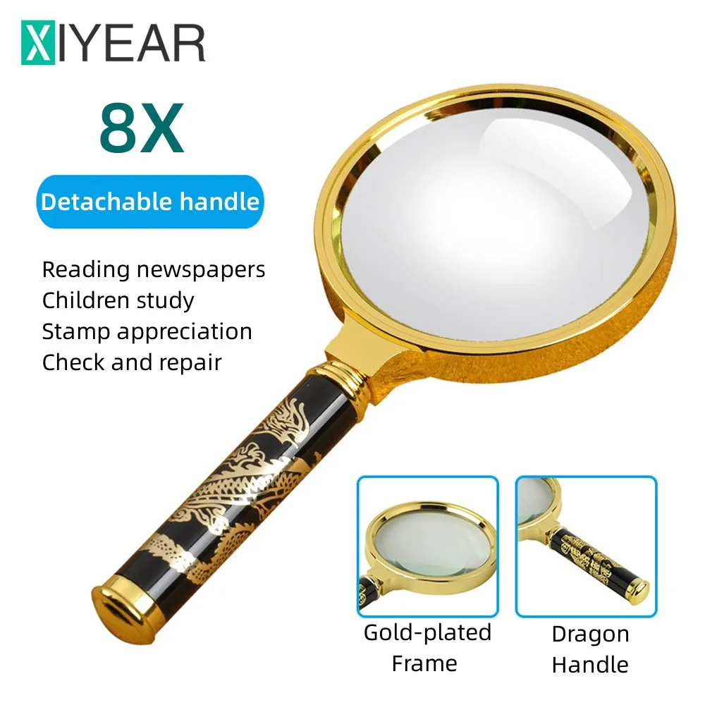 8X Magnifying Glass Golden Dragon Handle Magnifier Mini Pocket Handheld