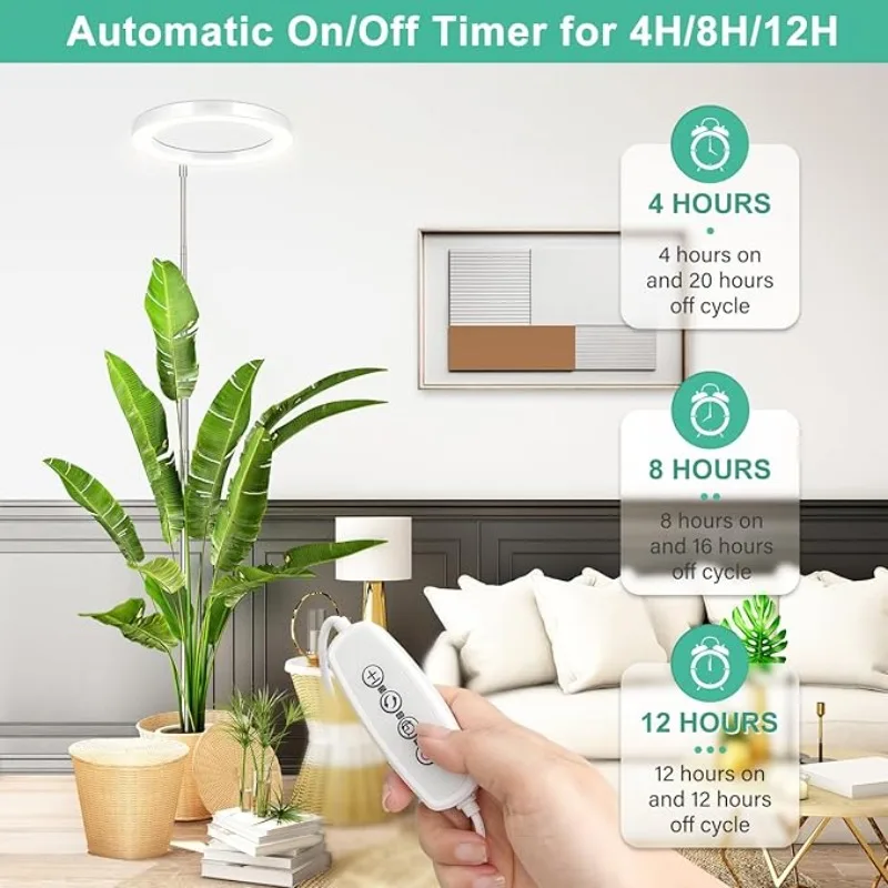 Indoor LED Plant Grow Light, Full Spectrum Plant with 4 /8 /12 H Timer, 10 Dimmable Levels, 3Modes, Height Adjustable 154.9 CM