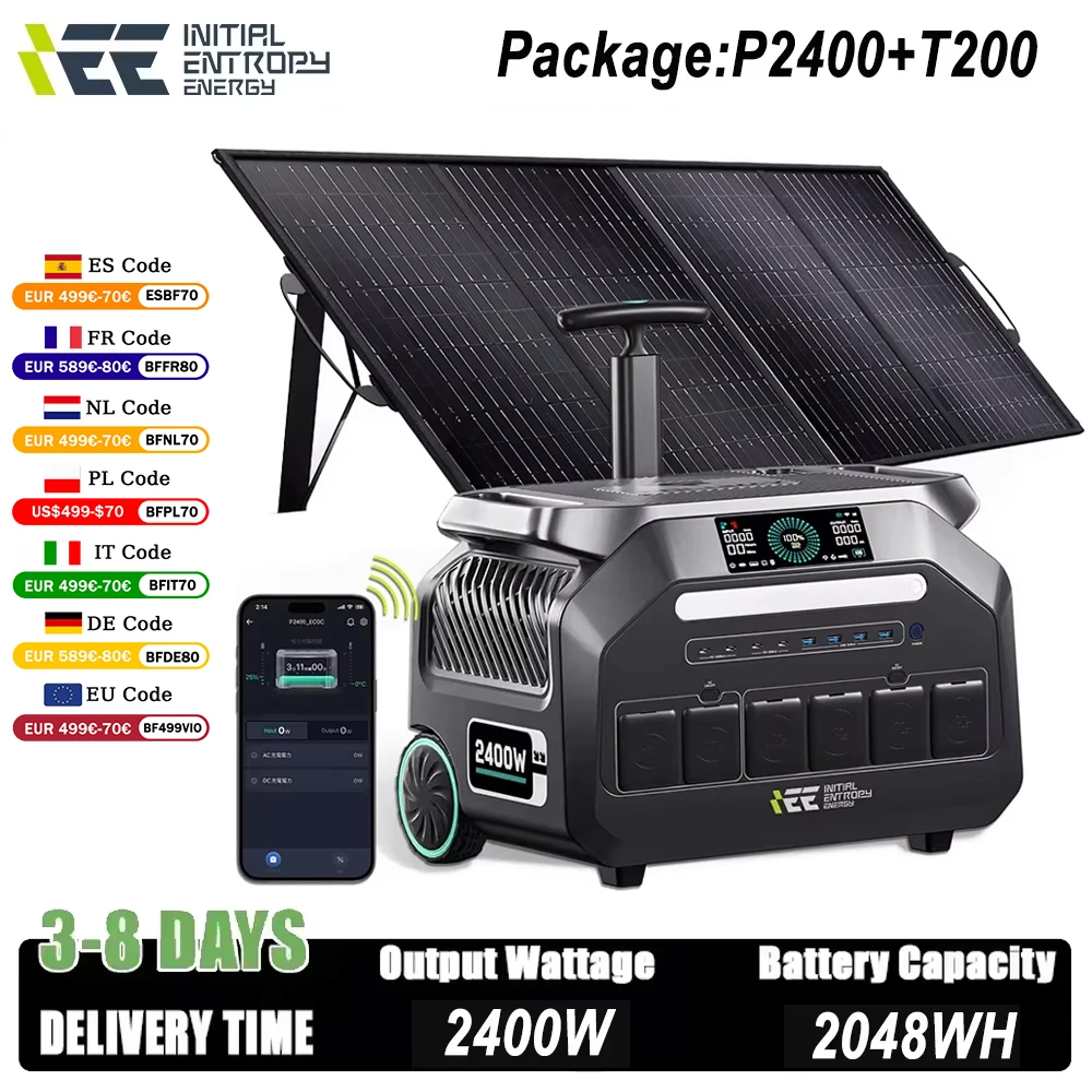 Cargador de batería IEE de generación Solar de 2400W, estación de energía V, salida de CA de lavado sinusoidal puro con Panel Solar portátil W para exteriores