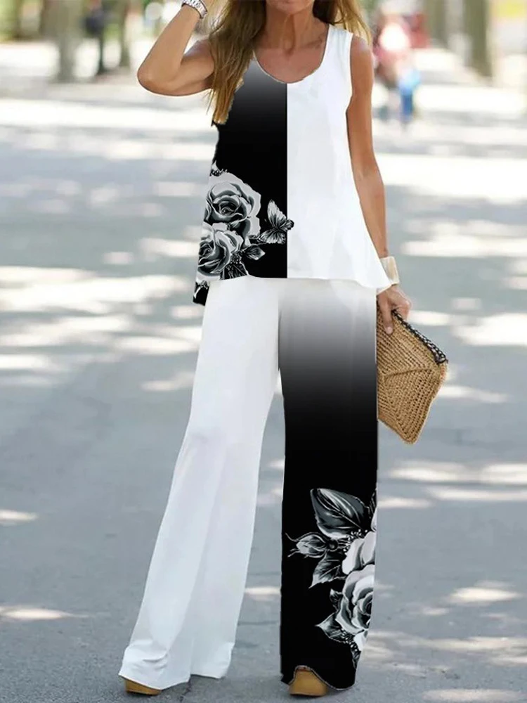 Elastic Waist Print Long Pants Two Piece Set Summer Women Casual Tops And Pants Suit Femme