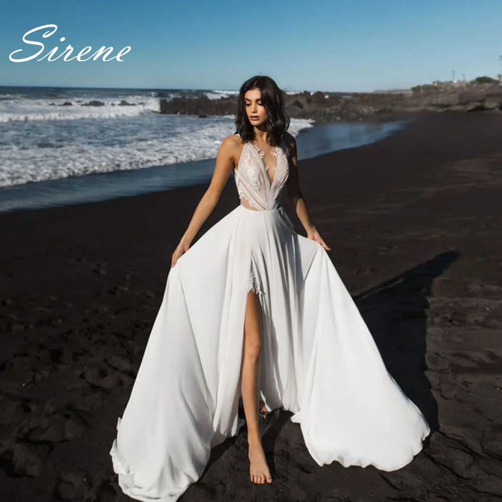 

Sirene Boho Spaghetti Straps V-Neck Wedding Dress For Women 2024 High Split Backless Sweep Train Simple Chiffon Vestido De Novia
