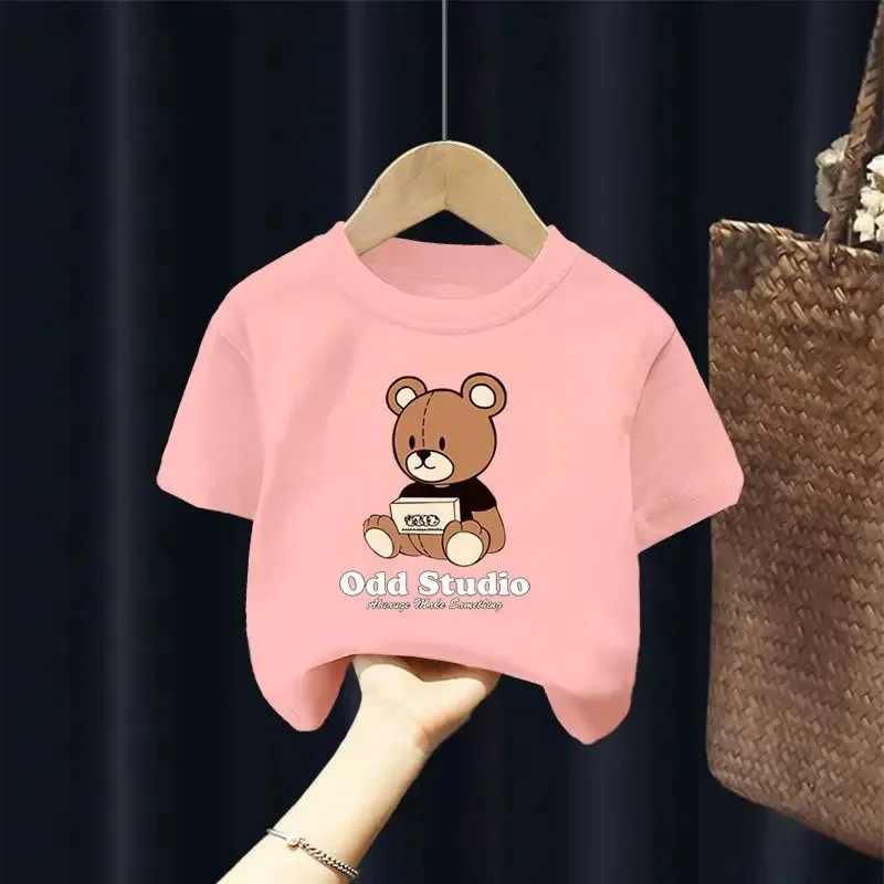 귀여운 곰 프린트 반팔 티셔츠, 트렌디 100% 코튼 티셔츠, 소년 소녀, 3T-14T 탑