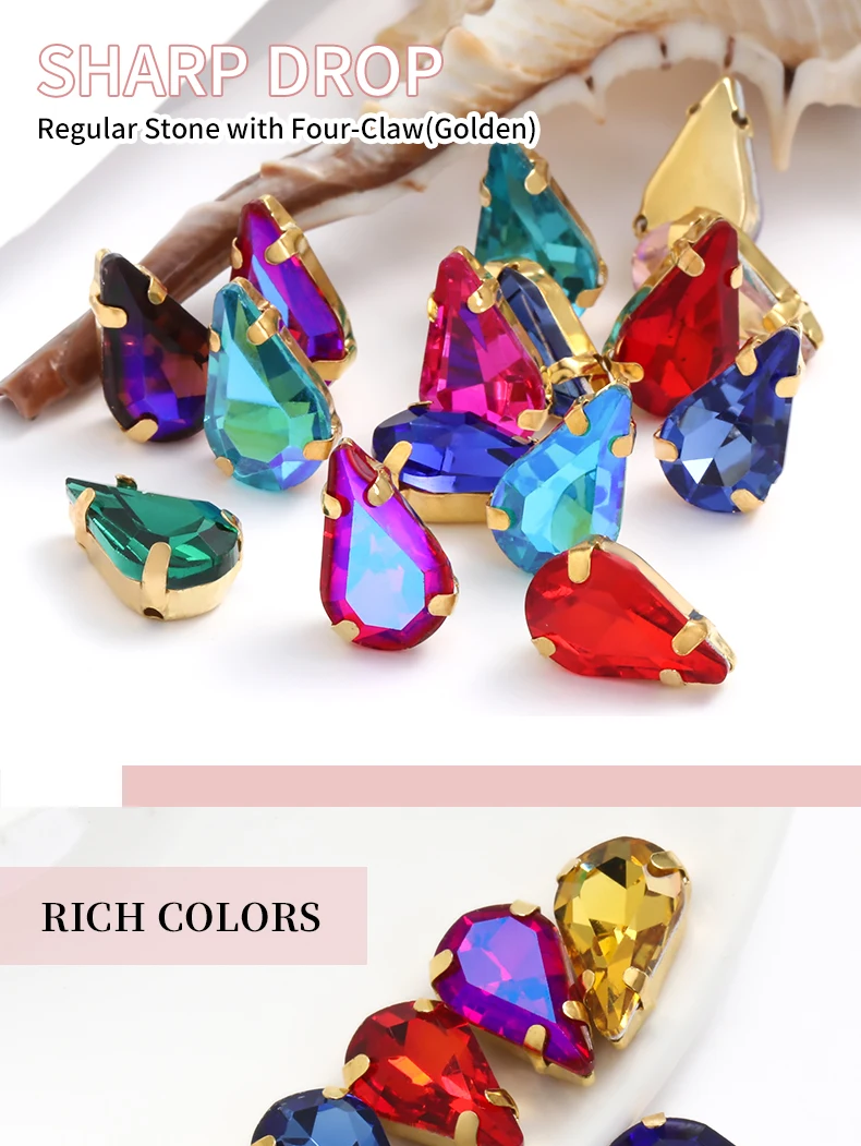 30Pcs Glitter Tear Drop Shape Glass Rhinestones With Golden Claw Sewing On Crystals Stone Strass Diamond For Clothes Accessories