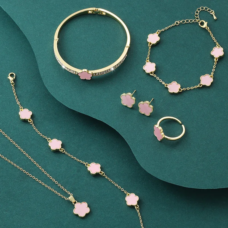 5Pcs Luxury Five-leaf Flower Jewelry Set for Women Sparkle CZ Bangle Necklace Earrings Bracelet Clover Jewelry