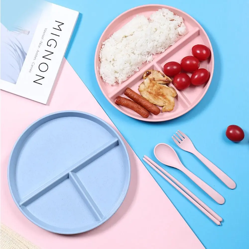 3 Grids Round Divided Plate Eco-friendly Anti-fall Wheat Straw Compartment Plate Reusable Food Tray Breakfast