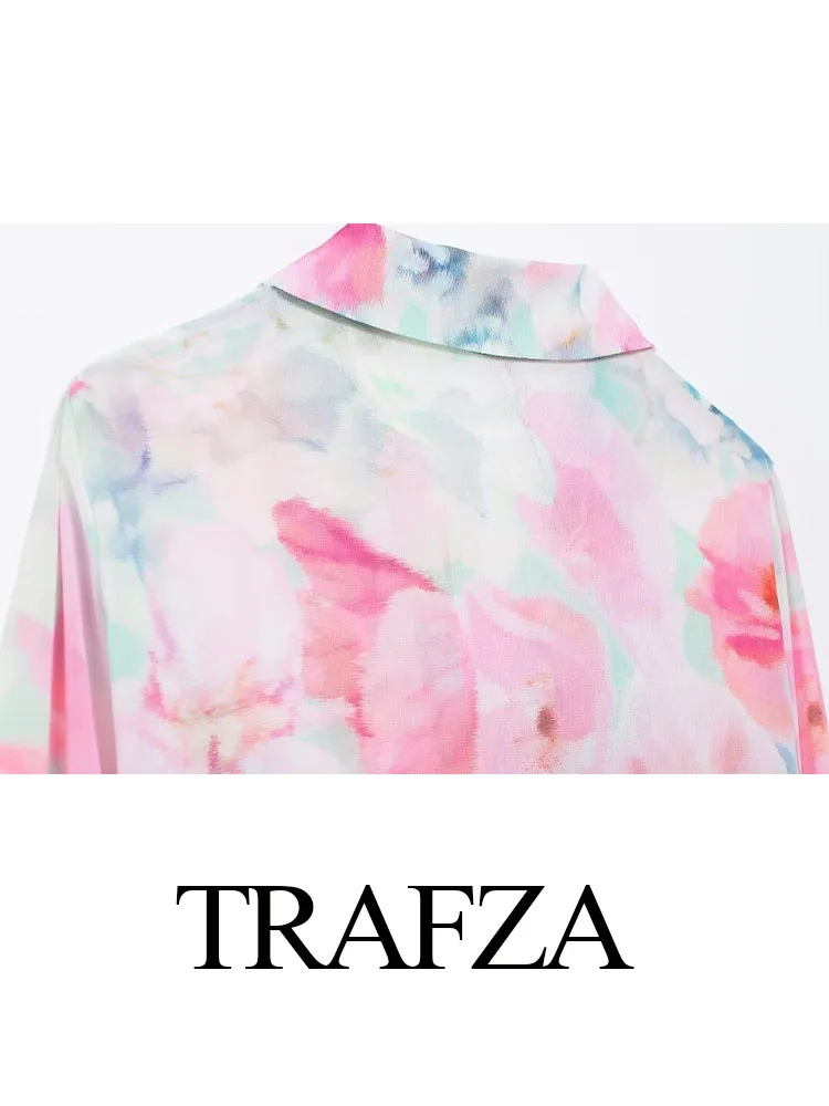 Trafza Sommer Bluse Frau trend igen Druck Turn-Down-Kragen lange Ärmel Bogen dekorieren einreihige weibliche Bohemian Shirts