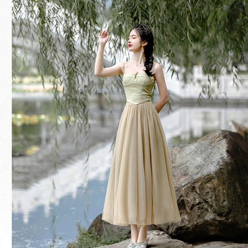 

Summer Retro Dress Women's Korean Fashion Strap Sleeveless Long Dress Solid Color High Waist Casual A-line Dress 2023 New