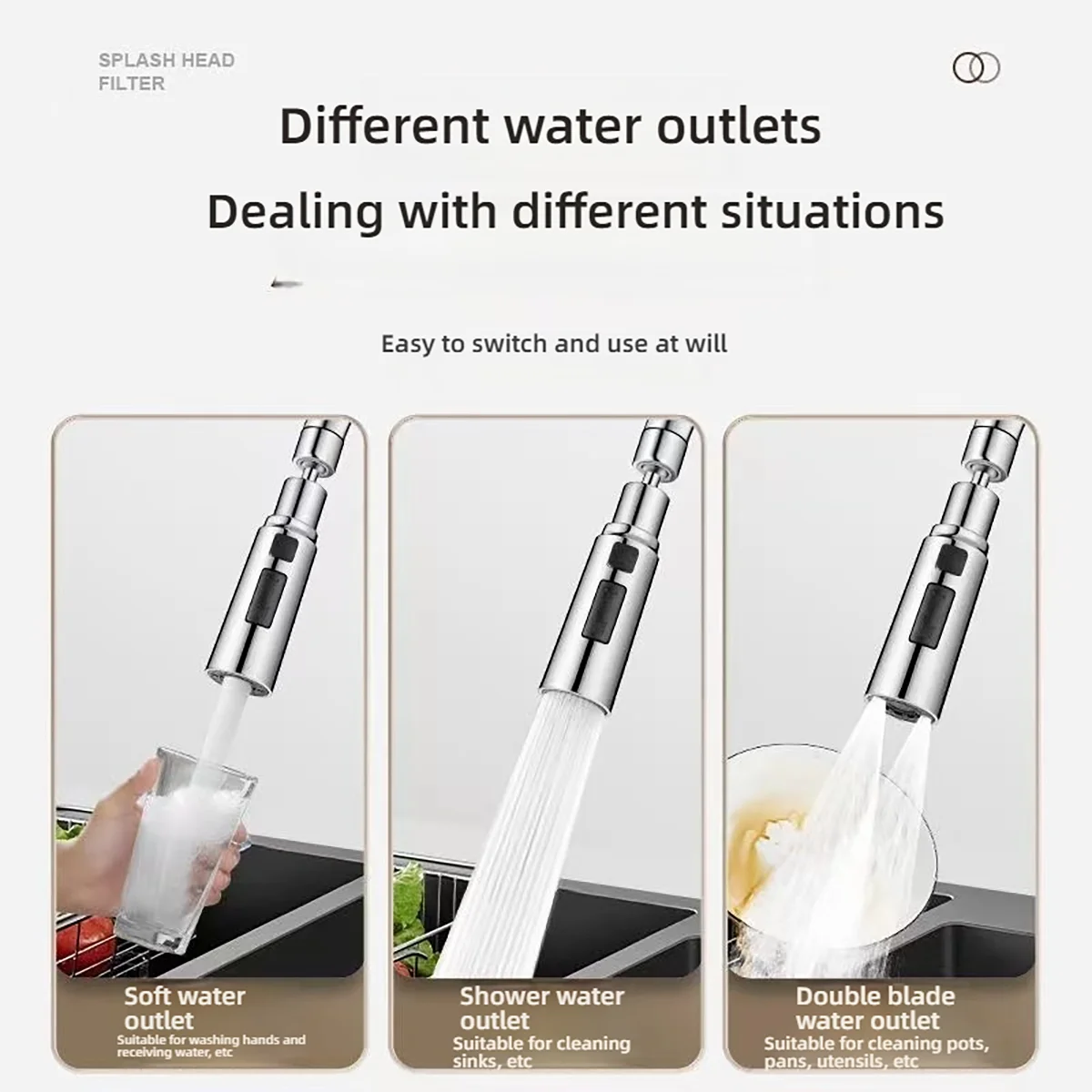 Universal Kitchen Faucet Sprayer 3 modes of water flow Bubbles & Blades 720°swivel Hot & Cold Water Universal G1/2 Connector