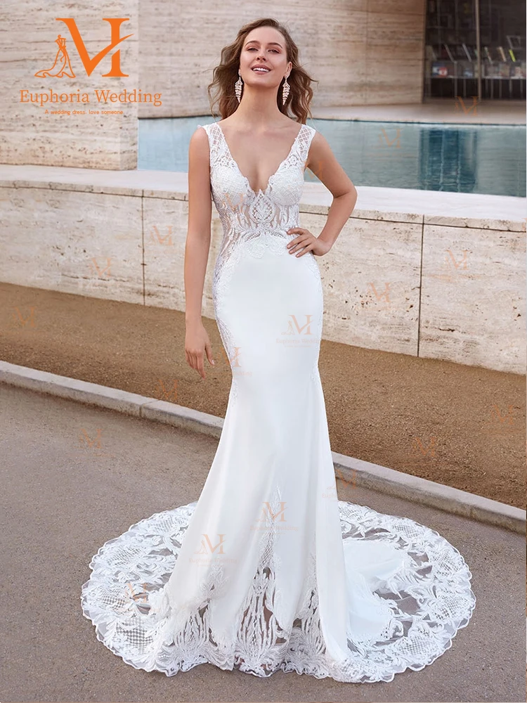 

Wedding Dress Vestido De Noiva For Woman Casamento Bride Vintage Plus Size Mariage Boho Mermaid Satin Trouwjurk V-neck Appliques
