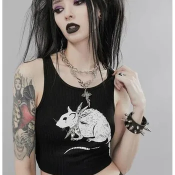 마우스 프린트 블랙 탱크 고스 섹시한 바디콘 크롭 탑, 여성 스트리트웨어 하라주쿠 O 넥 니트 기본 탱크 탑