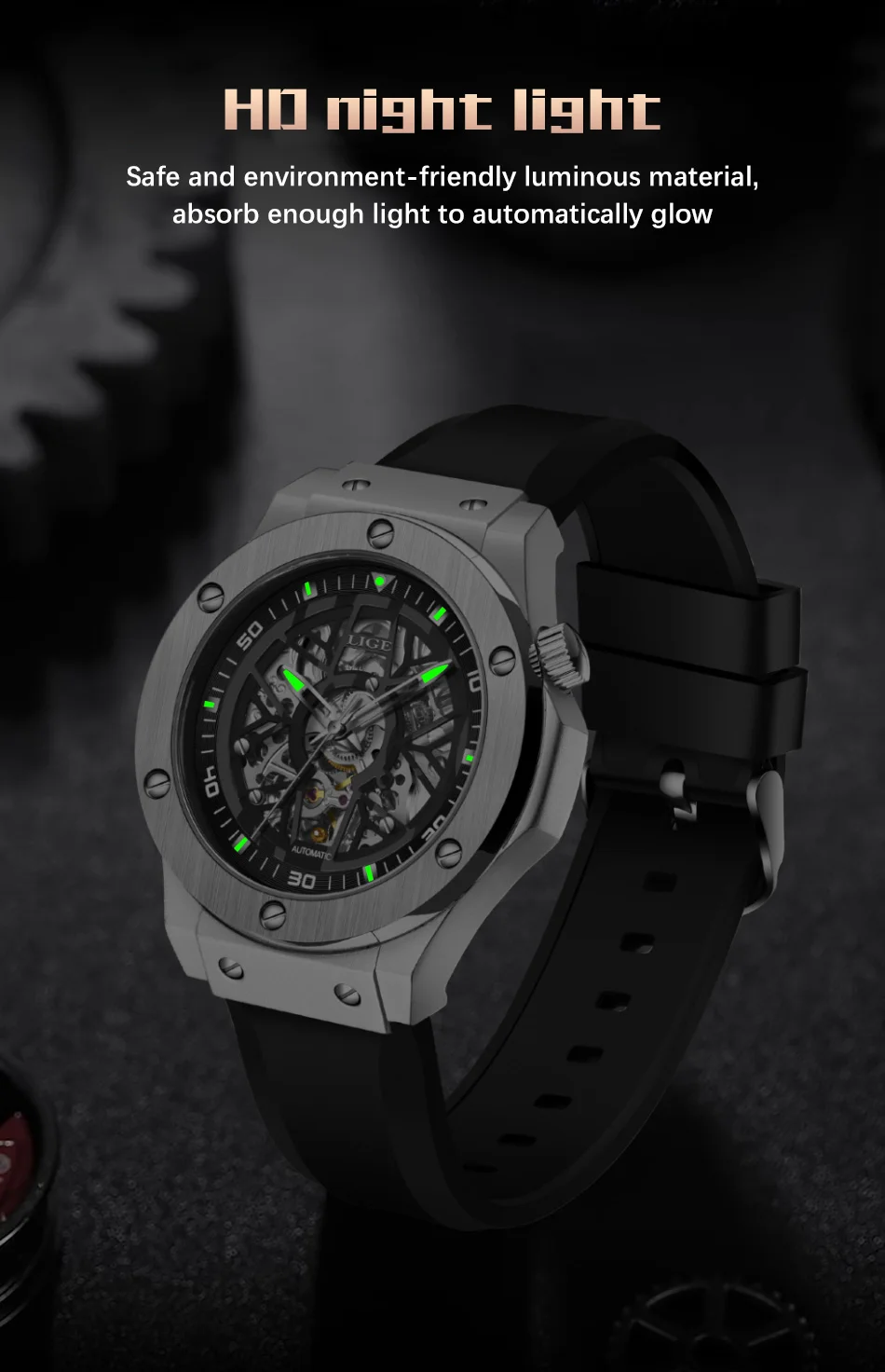 Hollow Out Design Automatic Watch For Men Luxury Stainless Steel Rubber Strap Mechanical Watch 30M Waterproof Reloj Hombre_voghion.com