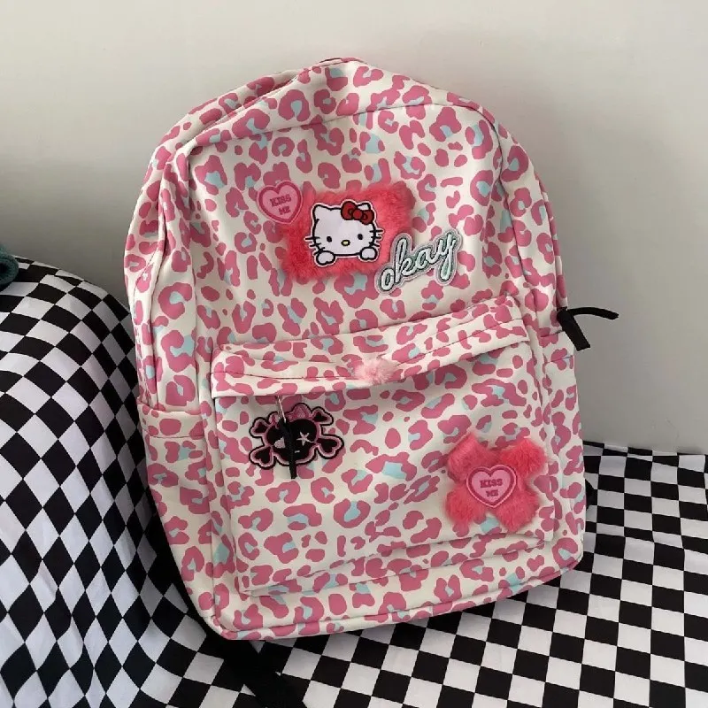 Sanrio Hello Kitty Bag Pink Leopard Print Backpack New School Bag Large  Capacity Girls Women Fashion Bag Korean Aesthetic Style