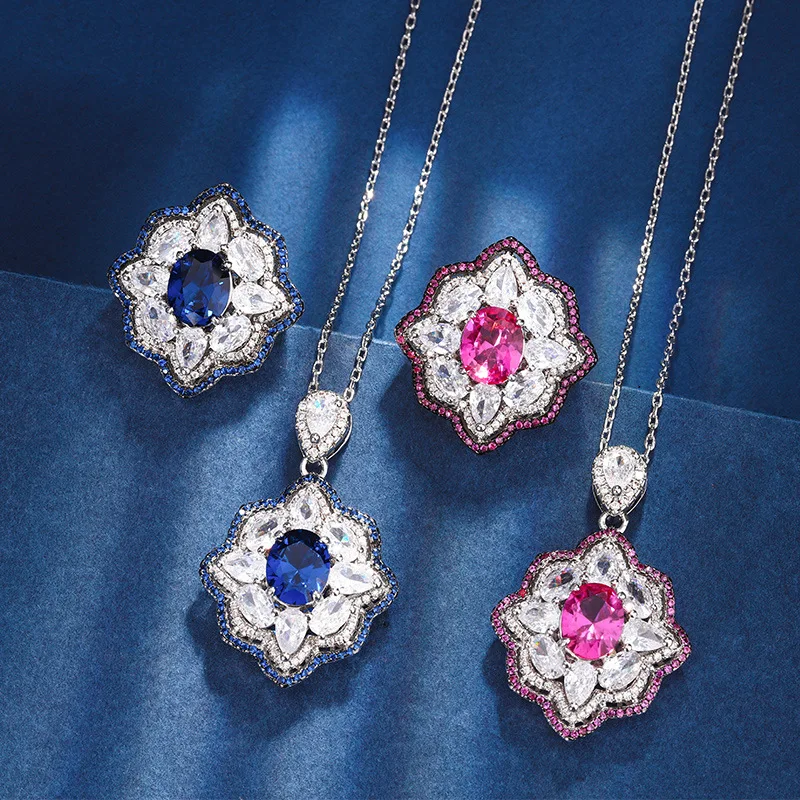 

Retro Style Blue Sapphire Pink Cubic Zircon Pendant Necklace Adjustable Ring Women Jewelry Set