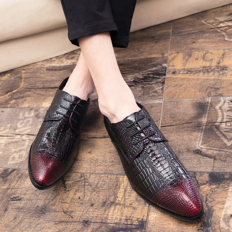 High Quality Men's Croc Print Men's Leather Shoes Lace Up Wedding Party Shoes Men's Business Office Oxford Flats Large Size